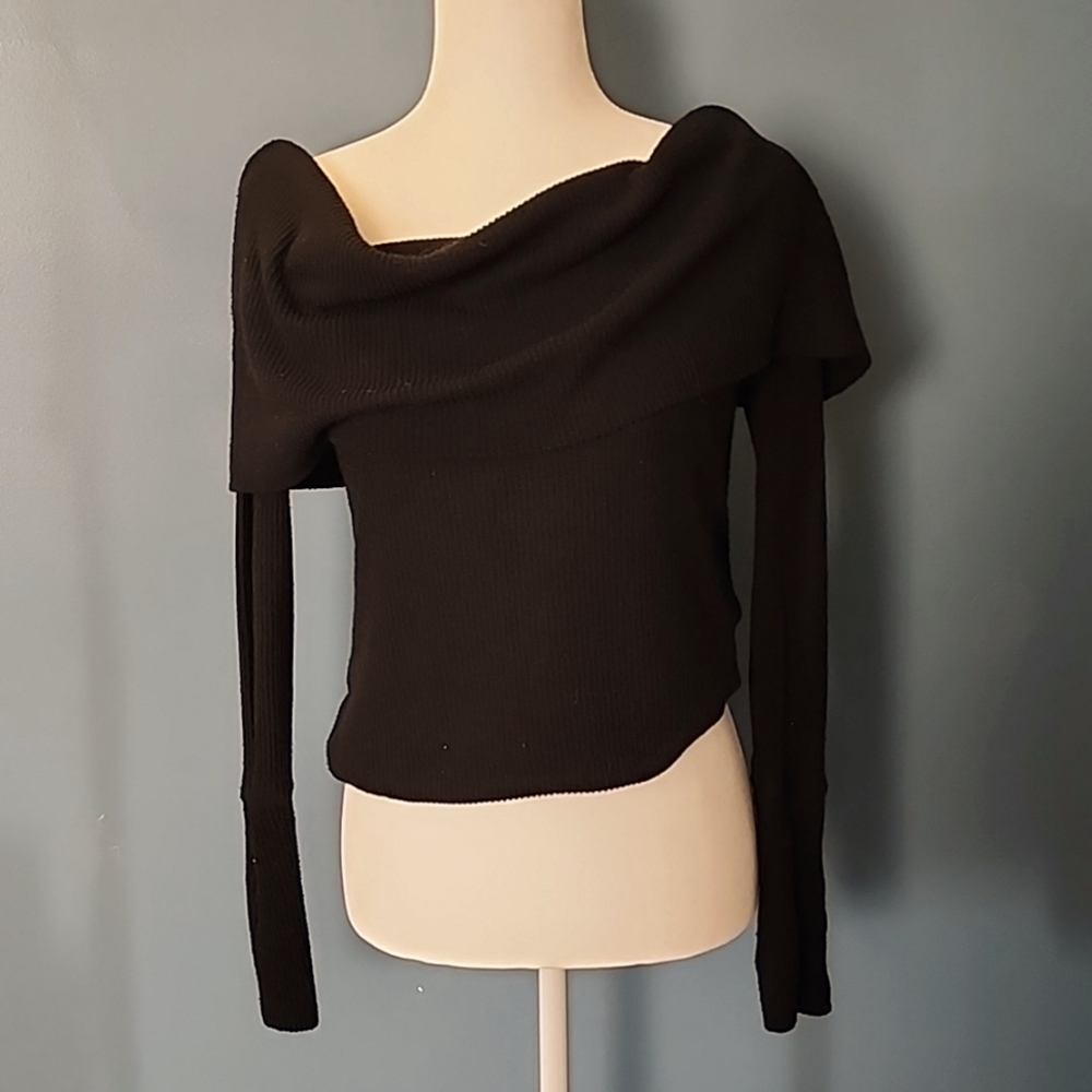 Black off the shoulder or cowl neck sweater